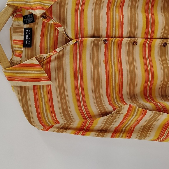 Liz Claiborne Button Up Blouse Size 12 Tan Orange Watercolor Stripe Long Sleeve - Picture 2 of 9